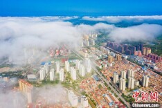 航拍云雾缭绕下的革命老区左权