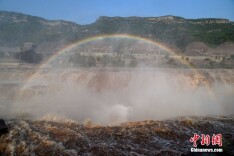 黄河壶口瀑布呈现“彩虹桥”景观