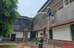 房顶太阳能板起火，消防员“搭梯架枪”化险情