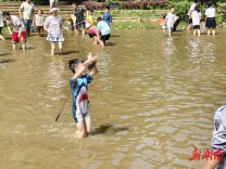 小区池塘秒变欢乐场，大小朋友抓鱼撒欢提前过“六一”
