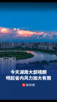 今日湖南大部晴朗，明起省内风力加大局地小雨