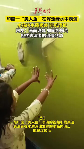 印度一美人鱼在浑浊绿水中表演 水箱内水质极差
