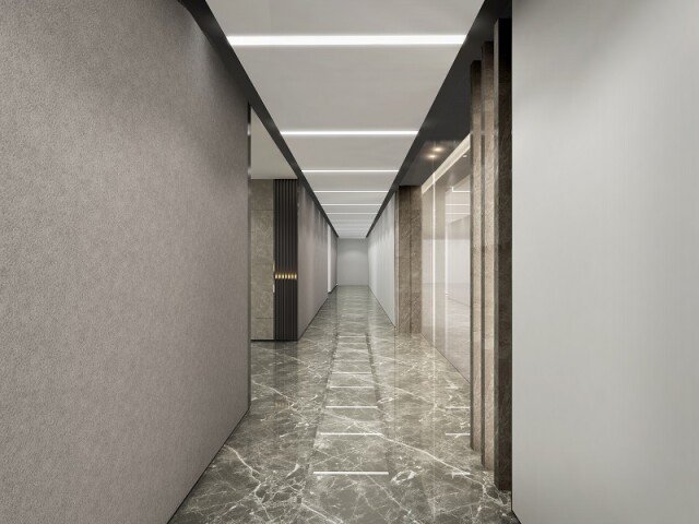 写字楼入户大堂挑高8米,并以大堂内东侧起伏的山峦墙面背景,和映入