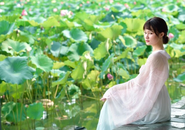 荷花池边古装美女