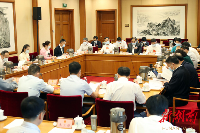 （5月27日下午，湖南代表团代表认真审议相关草案修改稿和决议草案。以上图片均为湖南日报·新湖南客户端记者 罗新国 摄）