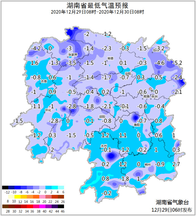 图2 29日湖南省降水量及相态预报(左，毫米)和最低气温预报(右，℃)